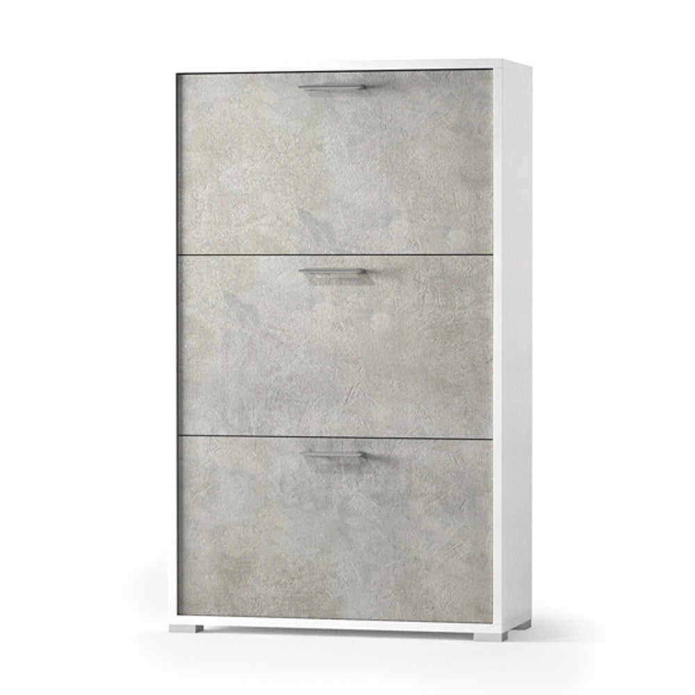 Scarpiera salvaspazio con tre ante a ribalta in legno bianco / cemento H 112 cm
