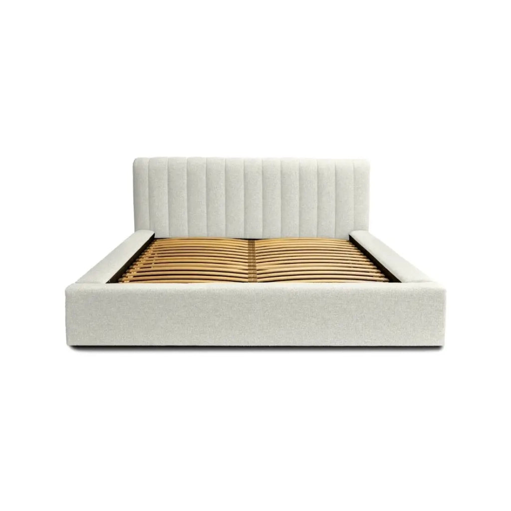 Letto contenitore CERVIN – Grigio Lino naturale bouclé – 140x200 cm – Rete sollevabile – Design di alta gamma