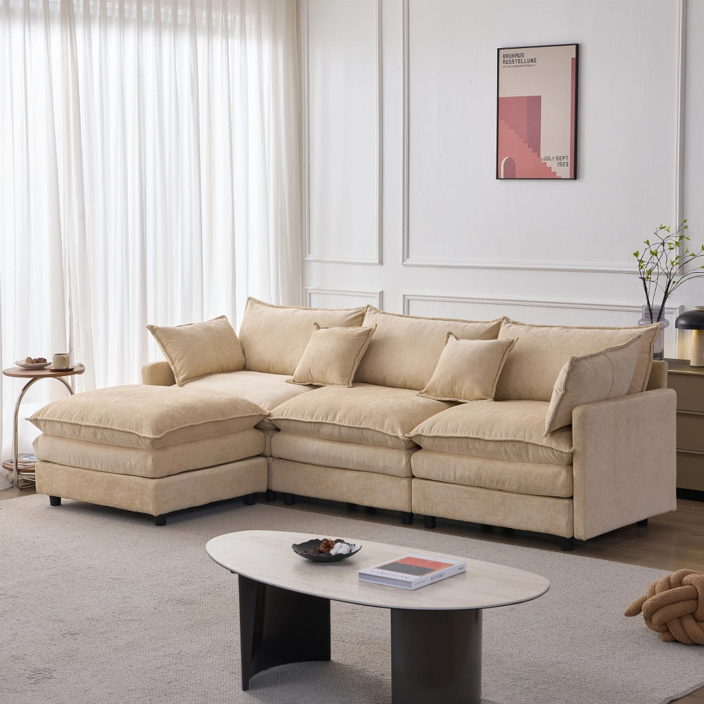 Divano angolare modulare a L con chaise longue e pouf, rivestimento in chenille, caffè chiaro, per 3 persone