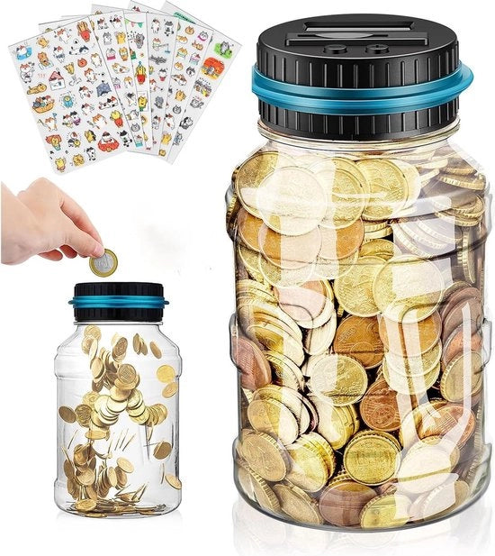 Contenitore digitale per risparmio con display LCD e contatore - Contenitore per risparmi con adesivi trasparente - 15L - Adatto per bambini, ragazzi e adulti