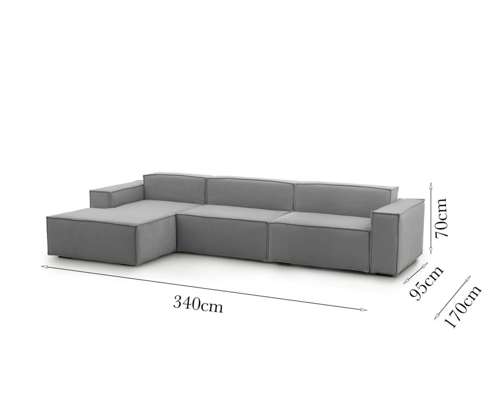 Divano fisso Atrillo, Divano componibile a 4 posti con penisola sinistra, Made in Italy, SofÒ  moderno in tessuto, Cm 340x170h70, Grigio
