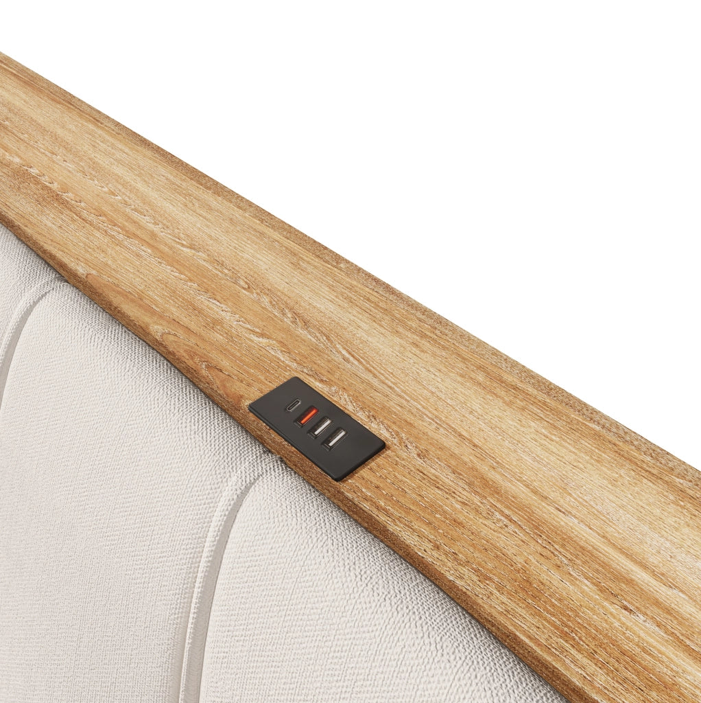 Letto matrimoniale imbottito 180x200 cm in lino beige con contenitore; USB e LED
