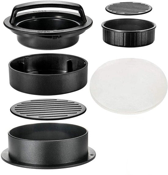 Hamburgerpers e Hamburgermaker - 3-in-1 Hamburgerpers Professionale - Smash Burger - Accessori BBQ - Gereadispari BBQ - Burgerpers - Accessori Barbecue - Pressaburger - Anche per Miniburgers e Burgers Riempiuti - Incluso 50 Fogli di Carta Paraffinata