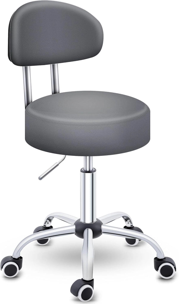 Sgabello Rotante Con Schienale Rosso Vino | Regolabile in Altezza 46-58 Cm | Girevole Con Rotelle | Sedia Da Ufficio Cosmetica (Grigio)