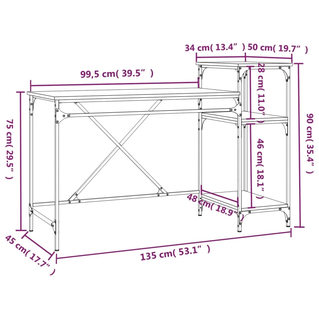 Scrivania tavolo postazione di lavoro mobile per computer studio e scaffalature rovere Sonoma 135 x 50 x 90 cm legno ingegnerizzato/ferro marrone 02_0023818