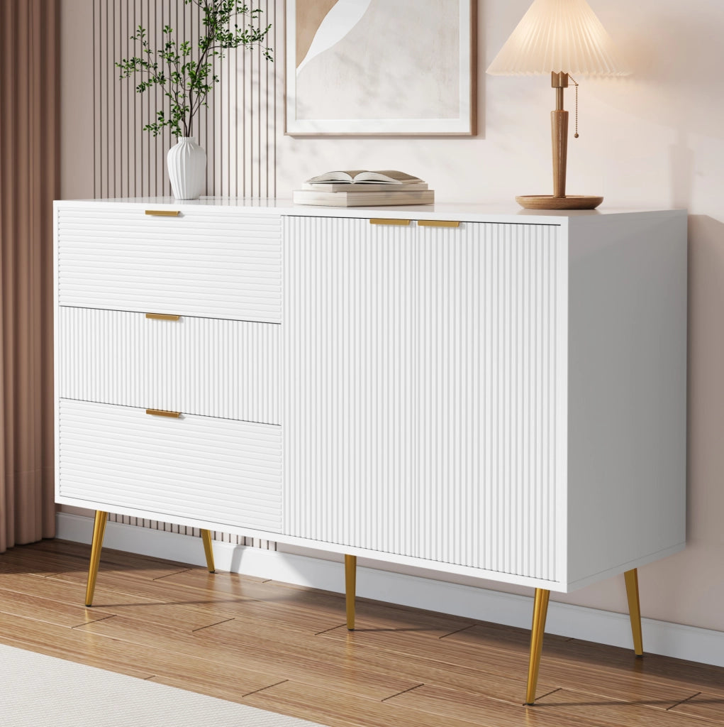 Credenza 120x38x80.5 cm con 3 cassetti e 2 ante; MDF bianco e oro