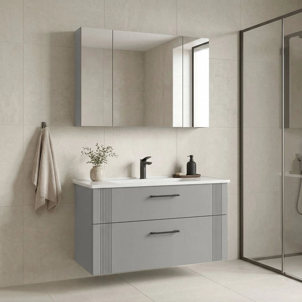 Set mobile lavabo con specchio (2 pezzi) "Bari 100 v2" - 100 x 45 x 55 cm - Cashmere opaco
