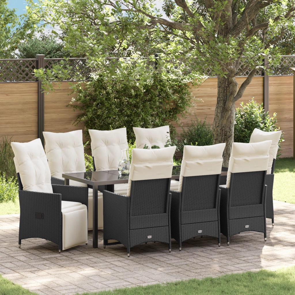 Set da Pranzo da Giardino 9 Pezzi con Cuscini Neri in Rattan Polimerico