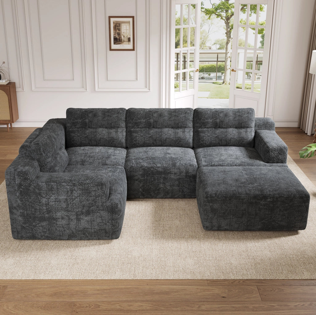 Divano modulare 5-6 posti in ciniglia grigio con pouf; 252x180x82 cm