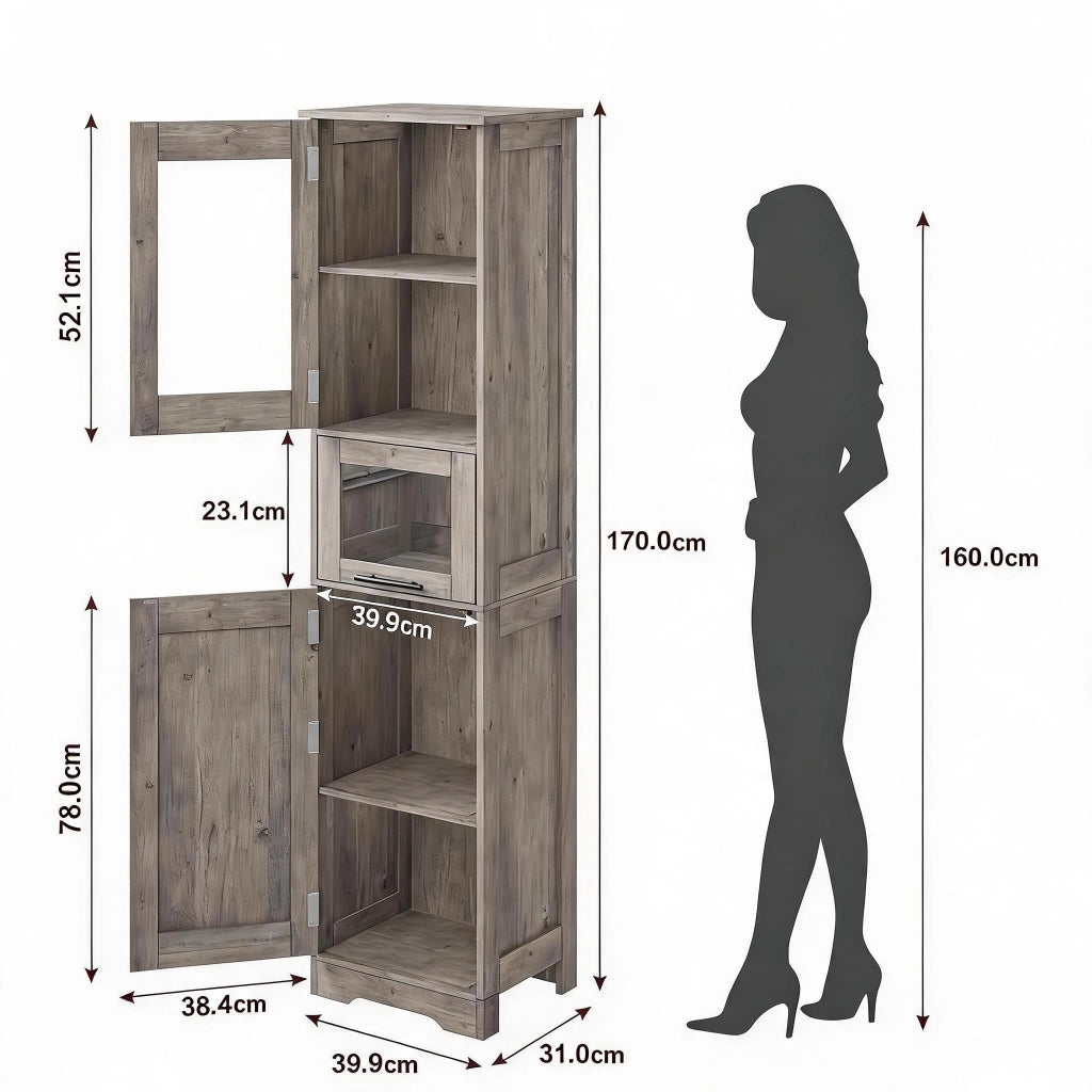Mobiletto Bagno Alto e Slim 170cm in MDF Grigio, 4 Vani e 1 Cassetto