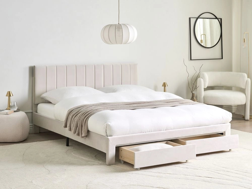 Letto matrimoniale 160 x 200 cm Bianco Sporco Rivestimento in velluto 4ft con cassetti Testiera Base a doghe Moderno