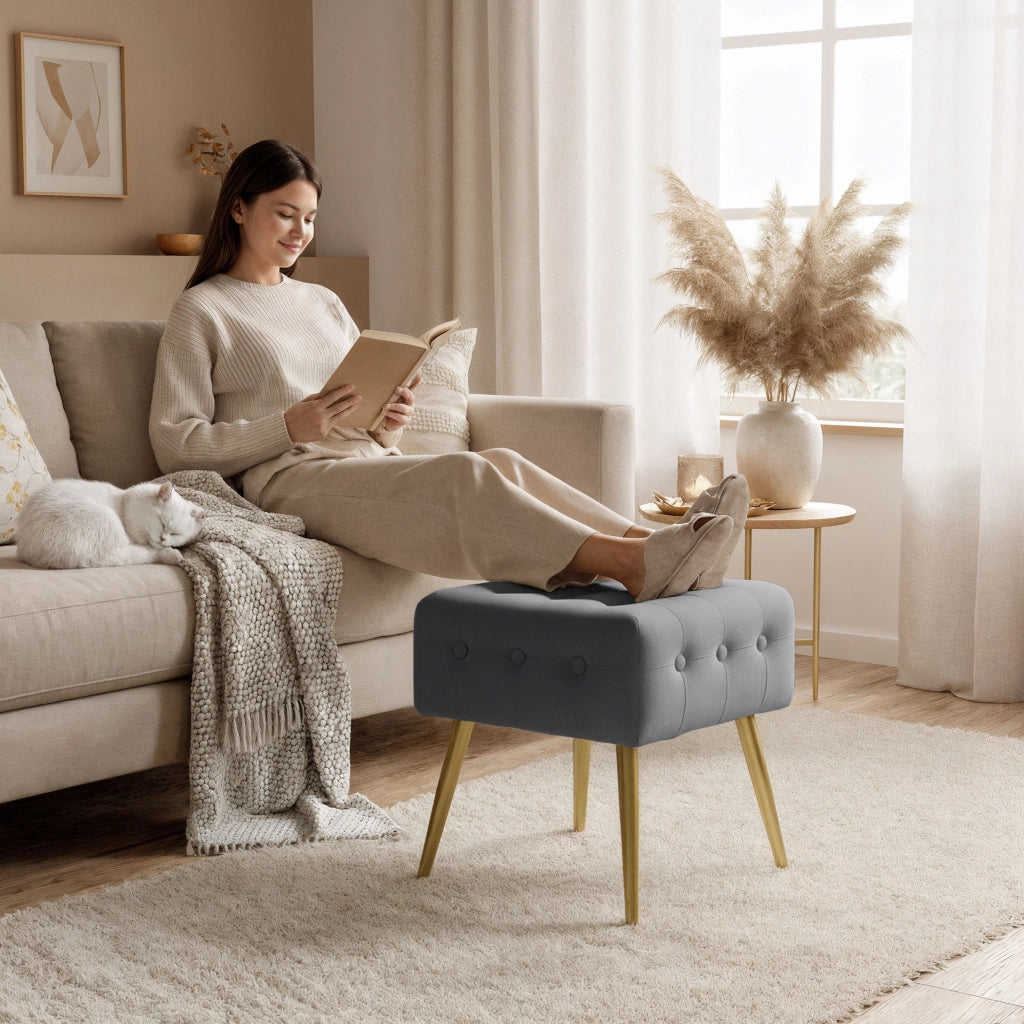 Pouf sgabello in velluto trapuntato 40 cm QUADRA Grigio Scuro