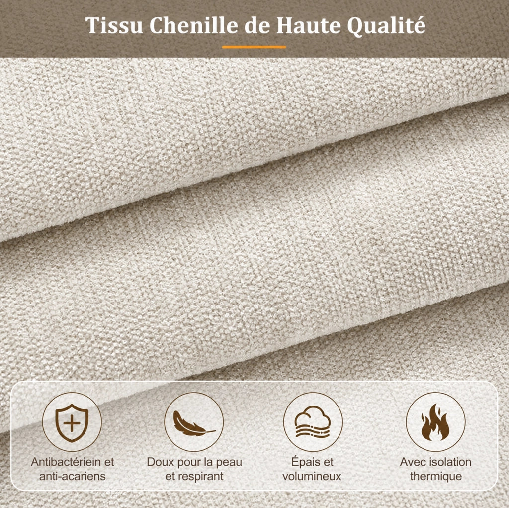 Letto matrimoniale imbottito 180x200 cm con rete a doghe e testiera in tessuto chenille beige
