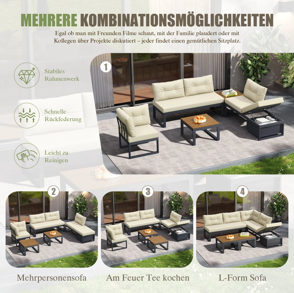 Set divano da esterno modulare beige con schienale regolabile e contenitore