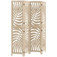 Paravento interiore in legno 4 pannelli 160 x 170 cm, pieghevole e portatile, motivo foglia, design rimovibile, legno naturale