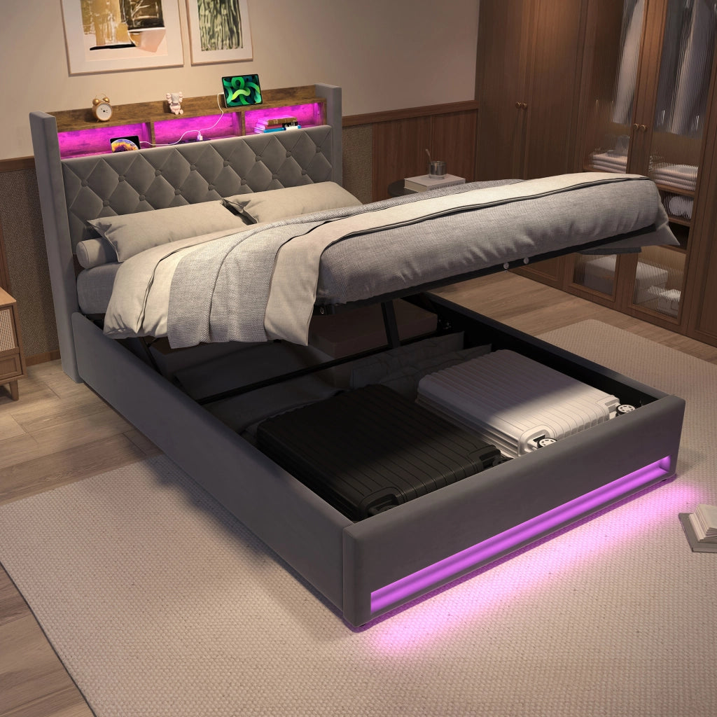 Letto Imbottito 140x190 cm Grigio Scuro in Velluto con Rete a Doghe