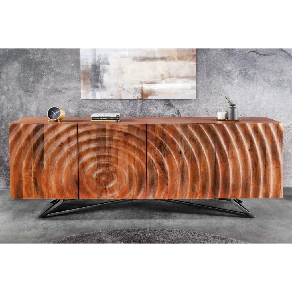 Buffet ZENWOOD 180 cm – Legno massiccio scolpito 3D e metallo nero – 4 porte