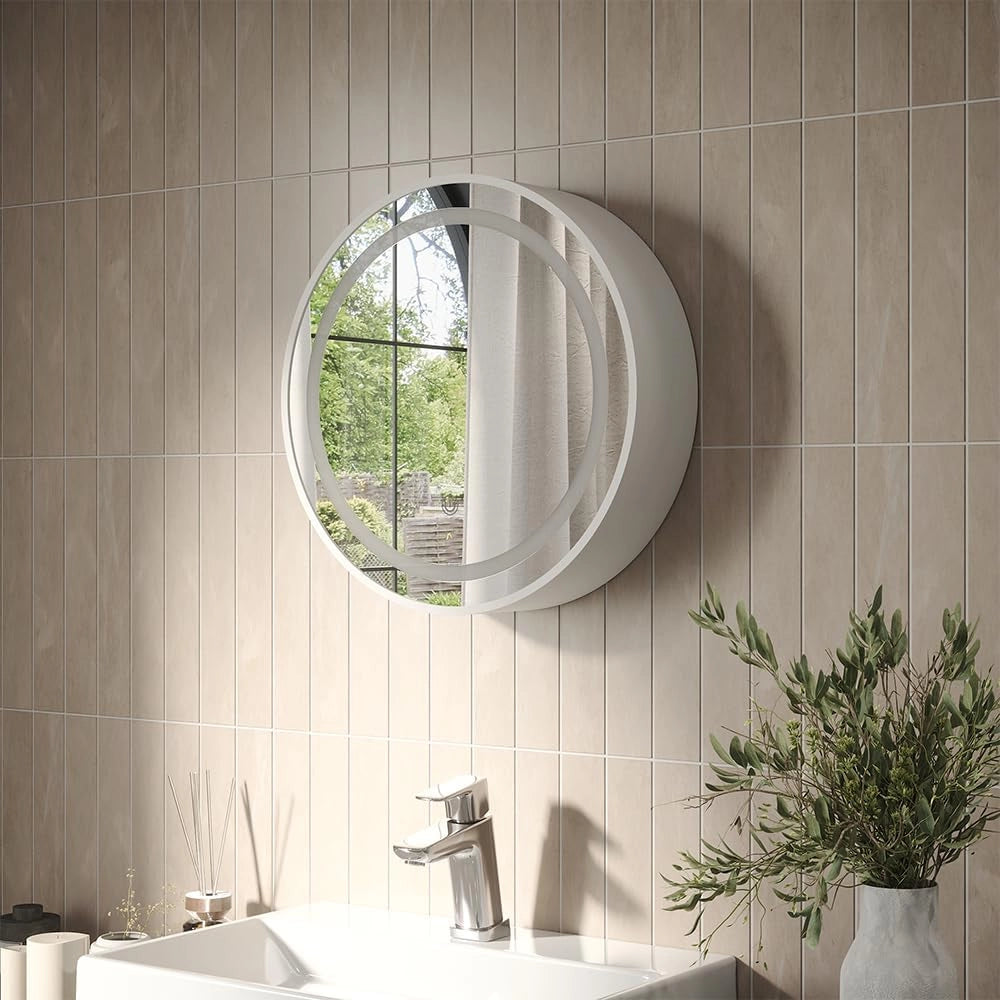 Specchio contenitore bagno Silva, Bianco, 50 x 50 cm con 5 vani portaoggetti, per montaggio a parete con illuminazione LED integrata