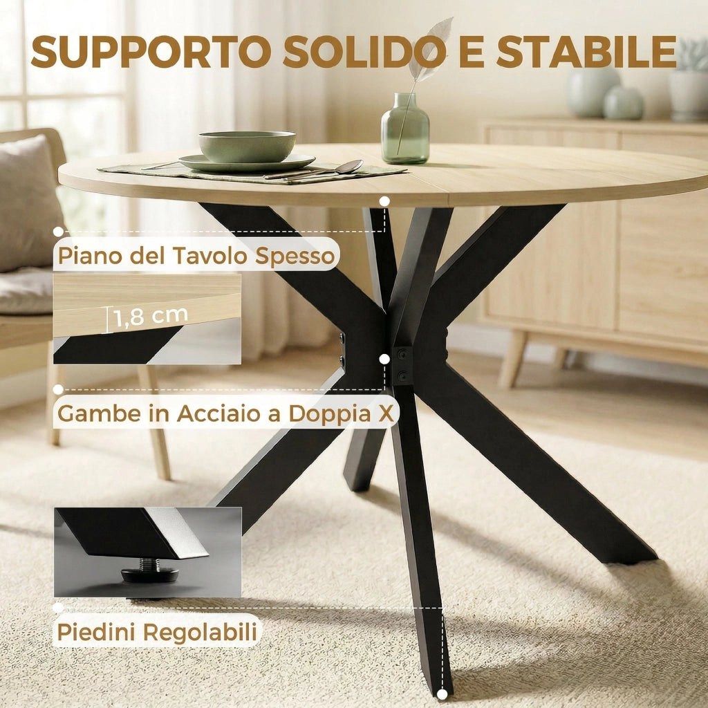 Tavolo Rotondo a Ribalta Pieghevole Ø110x76 cm per 2-6 Persone in Legno e Acciaio Color Legno