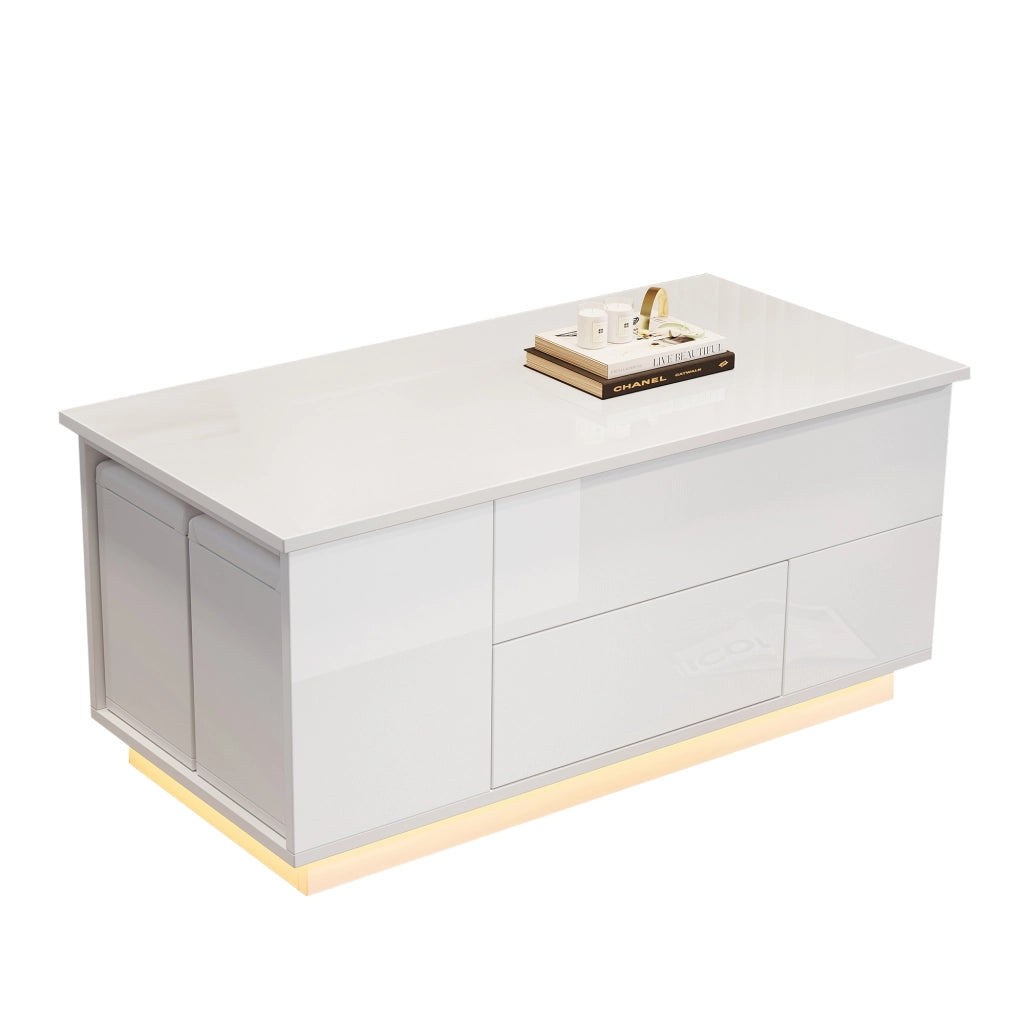 Tavolino Da Salotto Reclinabile 100×50×45 cm con 2 Cassetti e 2 Pouf; LED Controllabile con App; Lucido; in Pannelli; Bianco