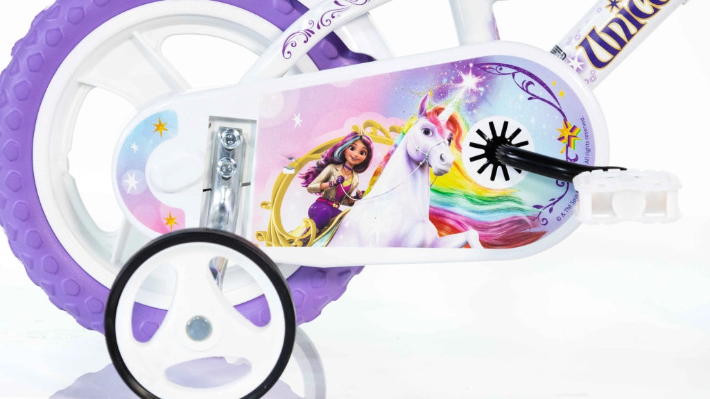 UNICORN ACADEMY 12", bicicletta per bambini, adatta a bambini tra i 3 e i 5 anni, per altezza tra 85 e 105 cm, cestino e
