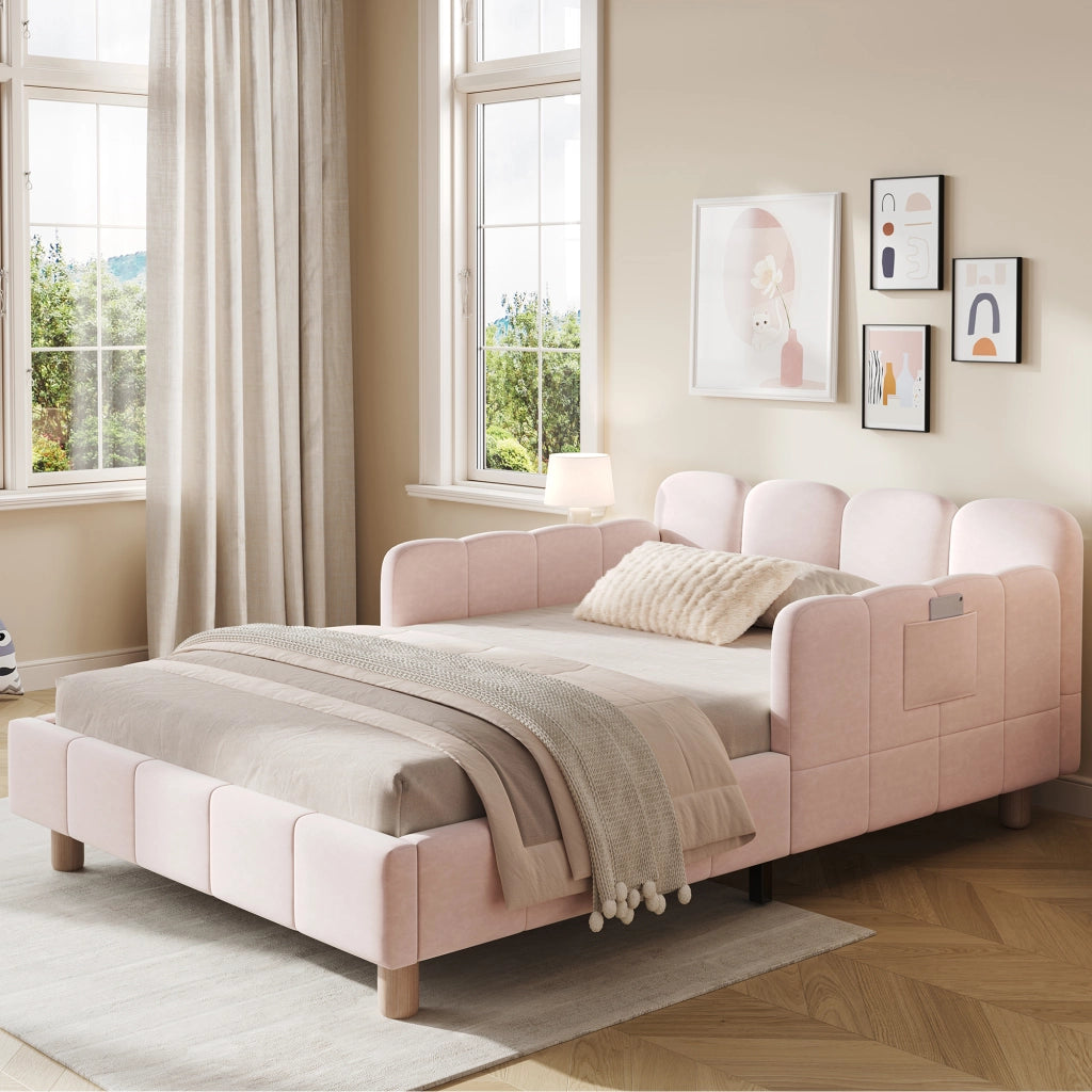 Letto singolo imbottito per bambini 90x200 cm in velluto rosa con testiera ergonomica