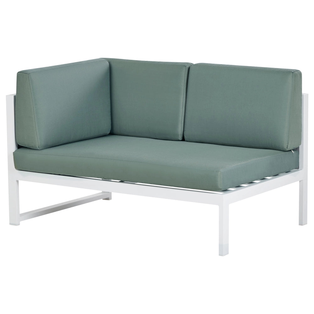 Set da salotto da giardino con tavolino bianco in alluminio bianco con cuscini verdi e tavolino stile moderno esterno
