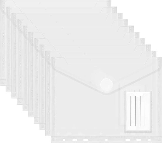 Pacco da 10 buste per documenti A5, foglietti per archiviazione 23 x 18 cm, buste trasparenti con chiusura con nastro adesivo e spazio per etichetta, file per documenti impermeabili (7 fori)