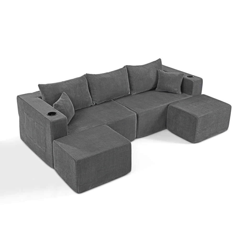Divano ad angolo a 3 posti, design modulare, rivestimento in velluto a coste, con portabicchieri e cuscini, grigio