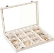 Organizzatore di gioielli in velluto con 12 contenitori, scatola di conservazione con coperchio trasparente, contenitore con chiusura, vetrina con appendiabiti, appoggio per bracciale e collana per donne (beige, 12 contenitori)