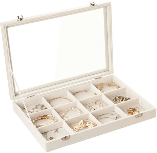 Organizzatore di gioielli in velluto con 12 contenitori, scatola di conservazione con coperchio trasparente, contenitore con chiusura, vetrina con appendiabiti, appoggio per bracciale e collana per donne (beige, 12 contenitori)