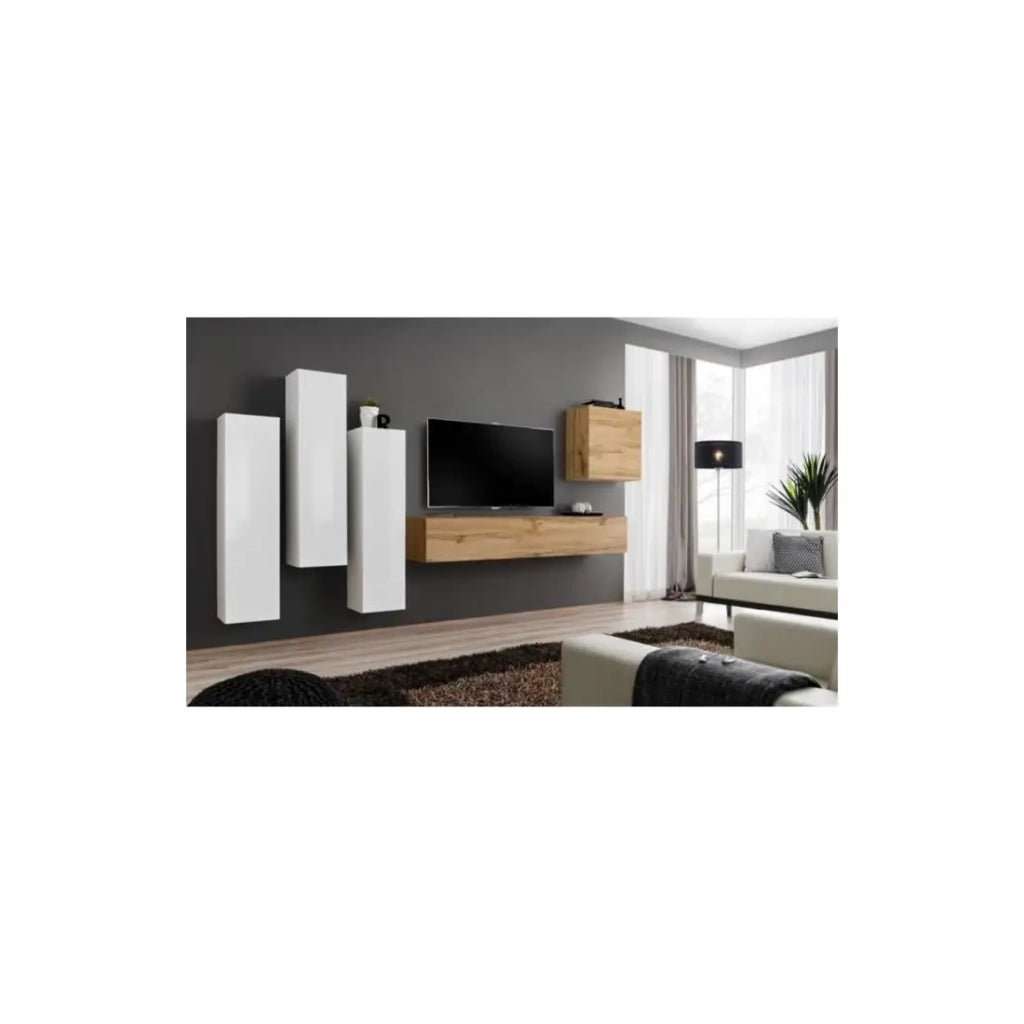 Set di mobili da soggiorno design collezione SWITCH III. Colori bianco lucido e quercia Wotan.