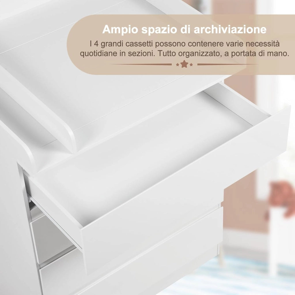 Mobile Fasciatoio per Bambini, Cassettiera con 4 Cassetti, Cassettone con Ripiano Fasciatoio Rimovibile, in Legno MDF e Truciolare, Bianco+Evidenzia Bianco