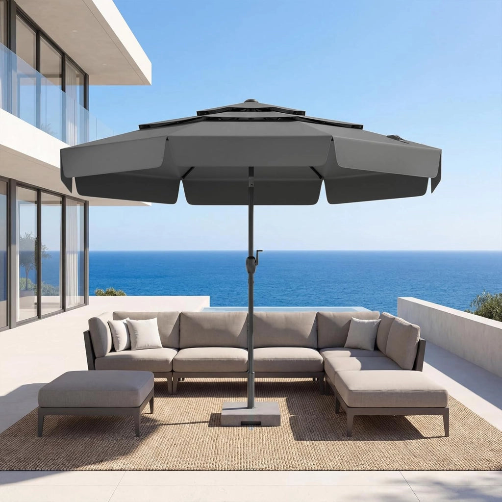 Ombrellone da Giardino 300 cm, con Regolazione Inclinazione, Manovella e 8 Stecche, Anti-UV, Tettuccio Ventilato a 3 Livelli (Grigio, 0 Luce)