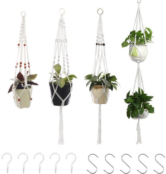 5 set di grucce per piante con ganci - grucce per piante in cotone - grucce per piante a rete - grucce per piante in diverse misure - adatte per interni, esterni, giardino, balcone, terrazzo e finestra - beige