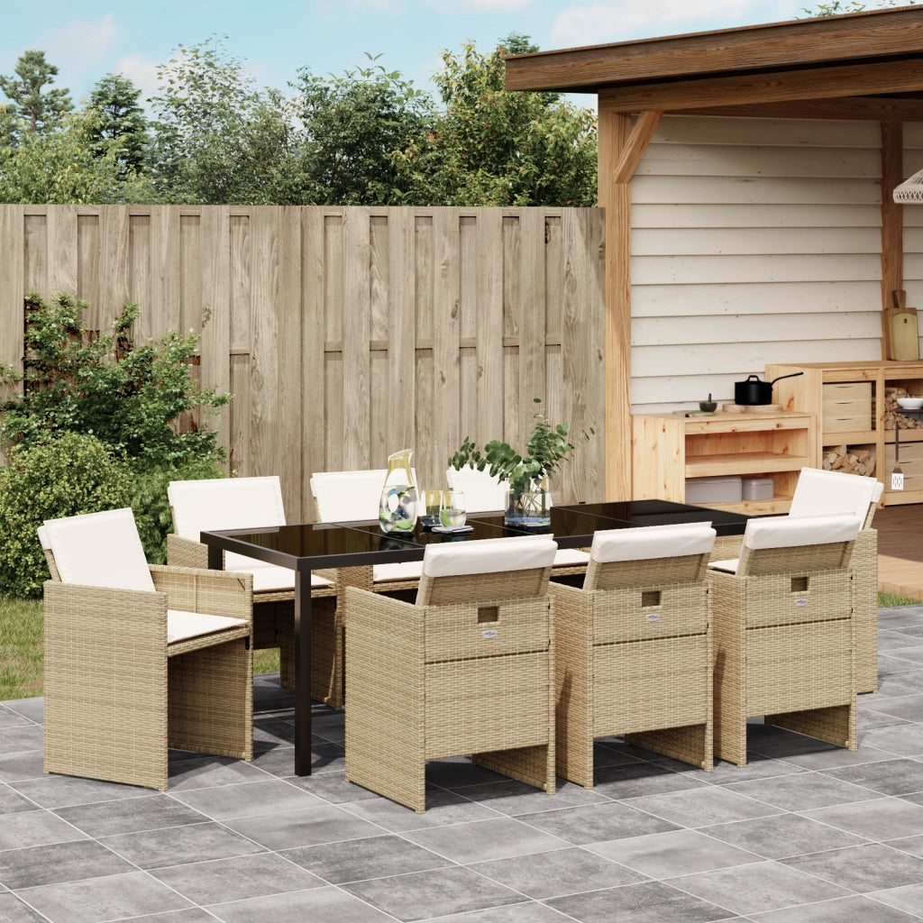 Set da Pranzo da Giardino 9 Pezzi con Cuscini Beige Rattan Poliestere