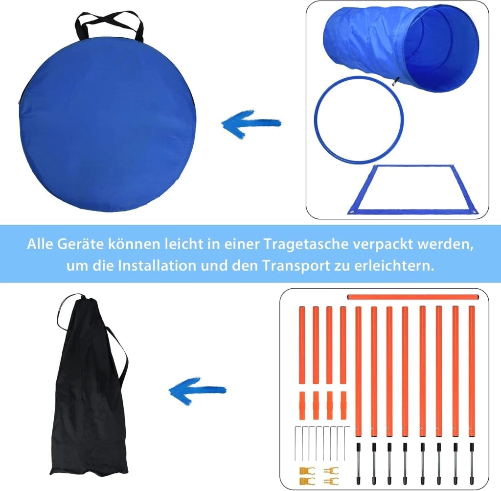 Agility Set di attrezzature per cani, giochi di addestramento per cani, accessori con ostacolo Agility, anello di salto, tunnel per cani, aste slalom, box pausa e borsa per il trasporto per