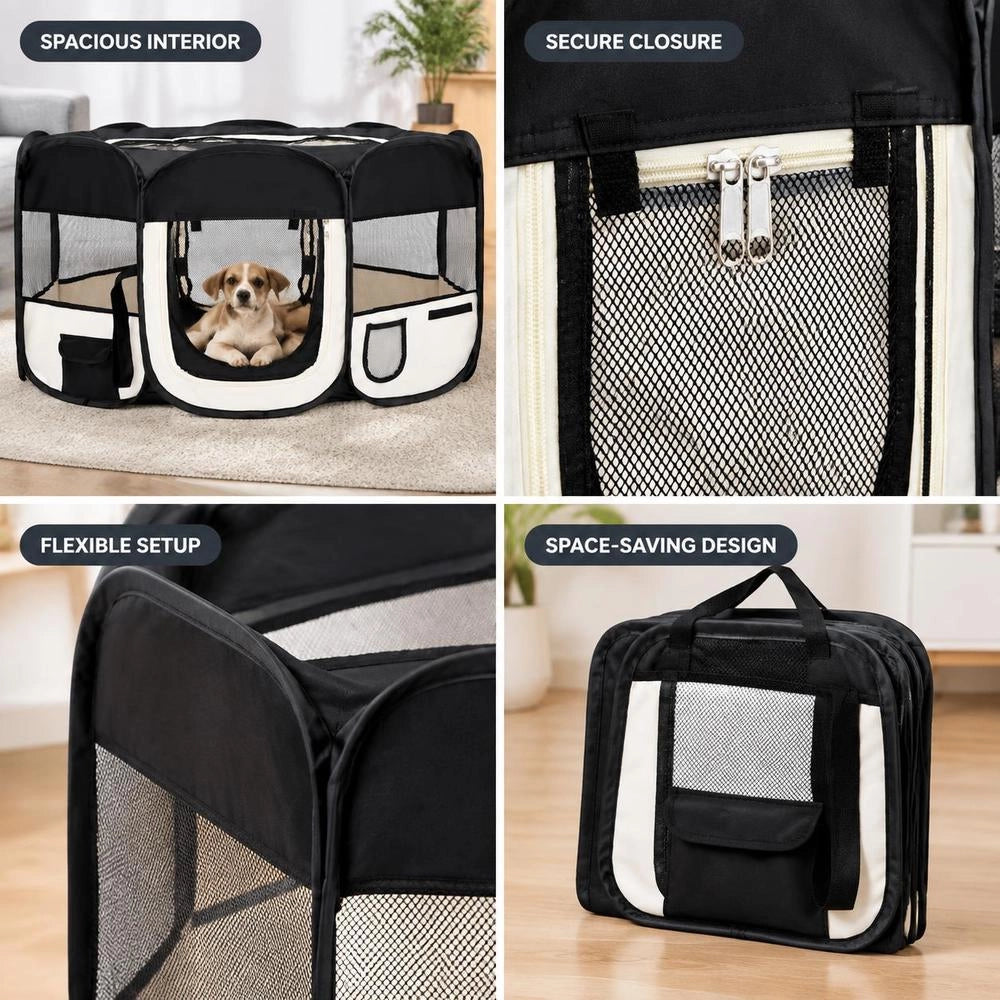 Foldable Puppy Playpen With Carrying Bag, Black, 145x145x61 Cm
