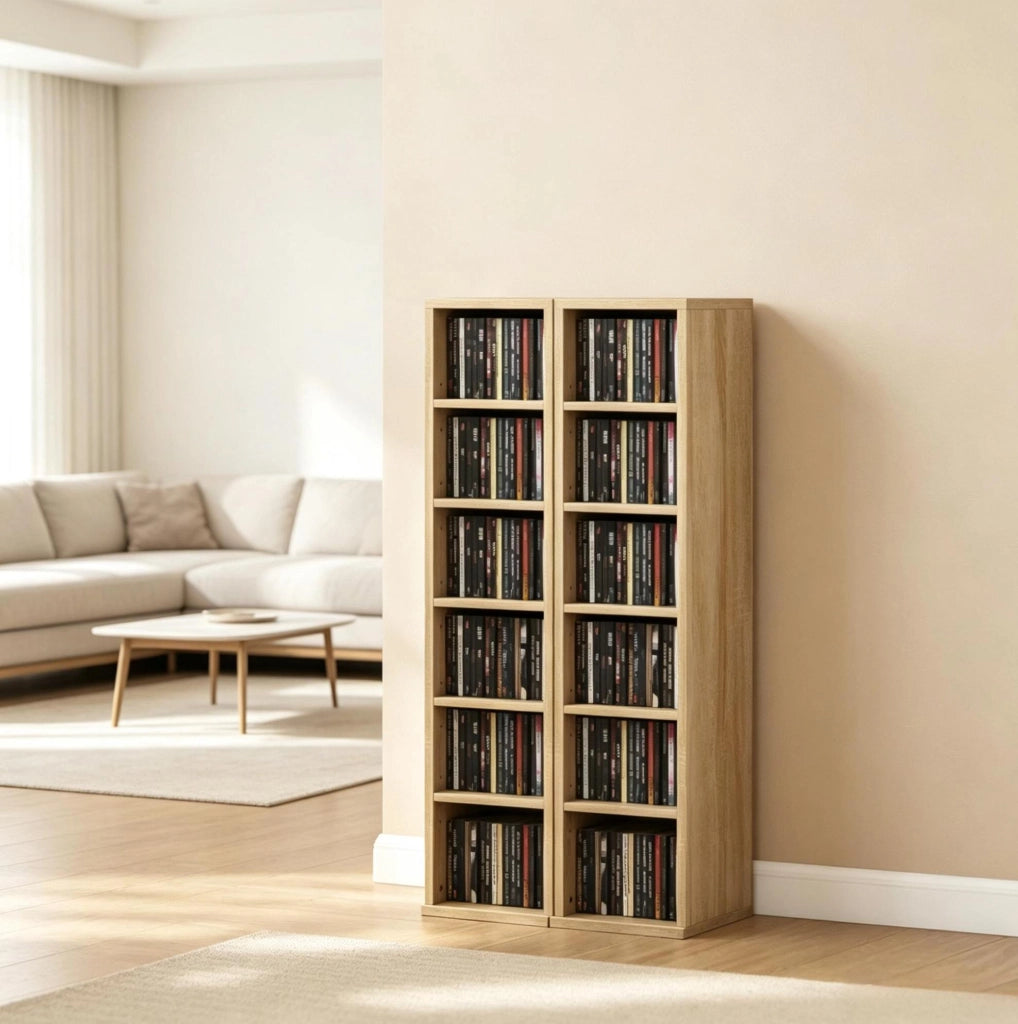Set 2 colonne porta CD in truciolare rovere, 12 scomparti