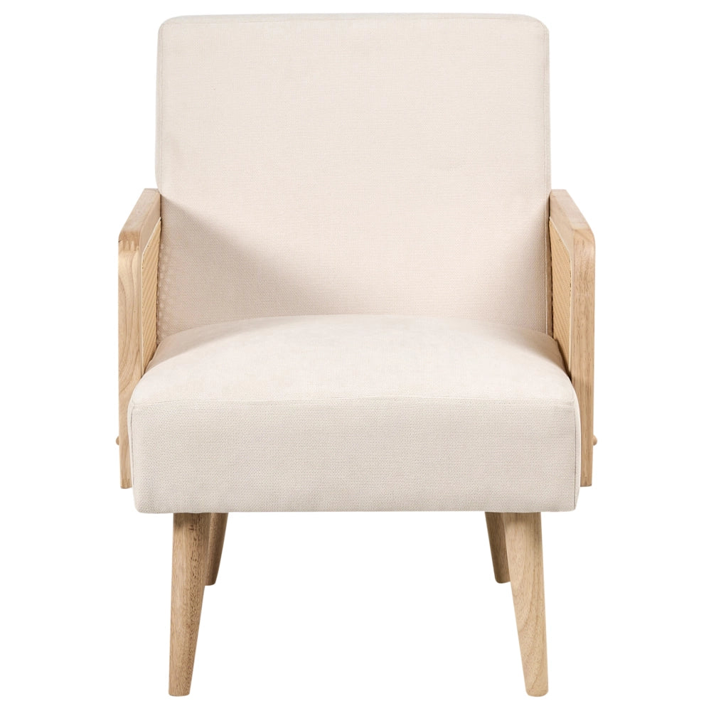 Poltrona tessuto  beige chiaro design retrò struttura in legno soggiorno