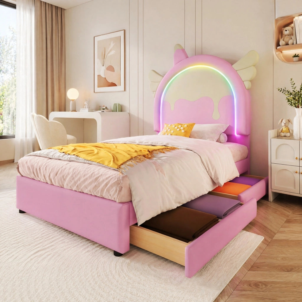 Letto imbottito a unicorno con luce e 2 cassetti, 90×200 cm rosa