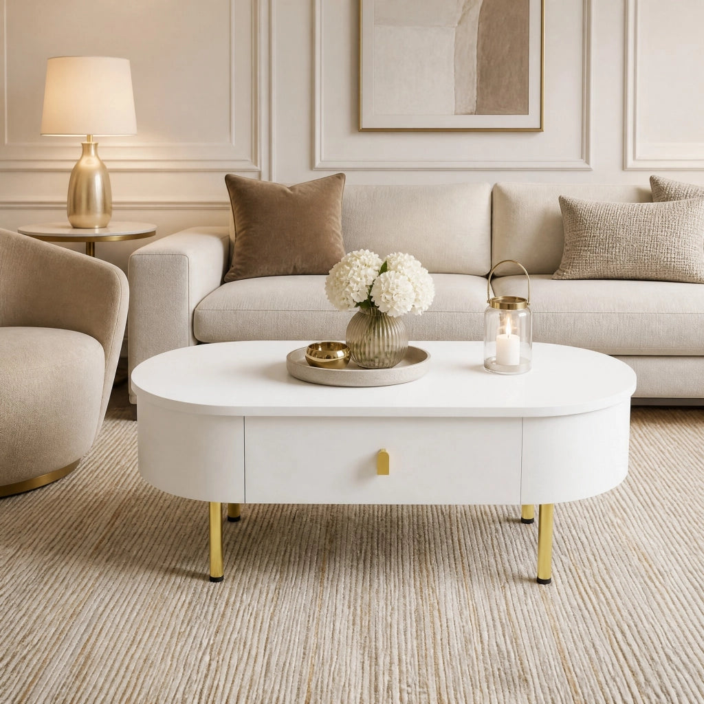 Tavolino da salotto moderno con 2 cassetti, finiture bianche e dettagli oro, 108 cm
