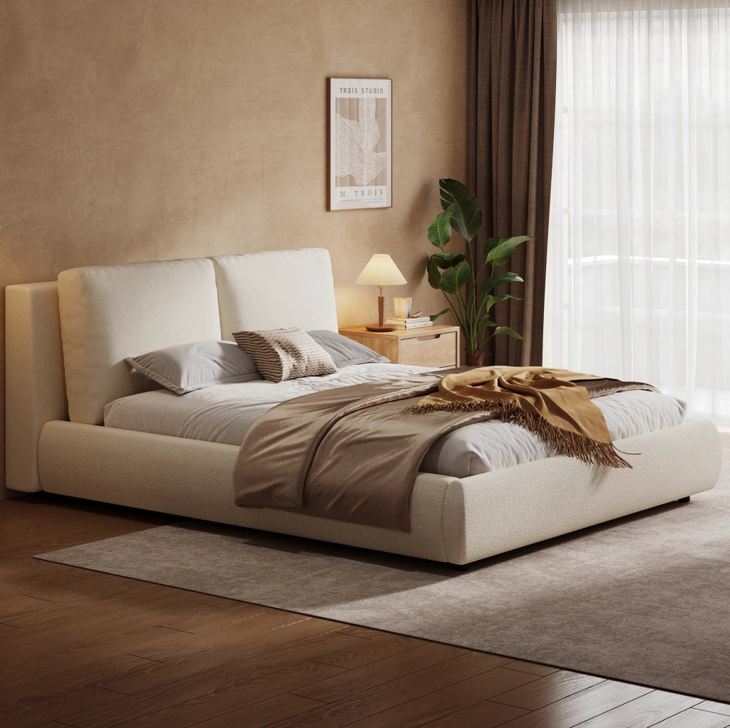 Letto imbottito 160x200 cm con contenitore e testiera ergonomica in bouclé beige