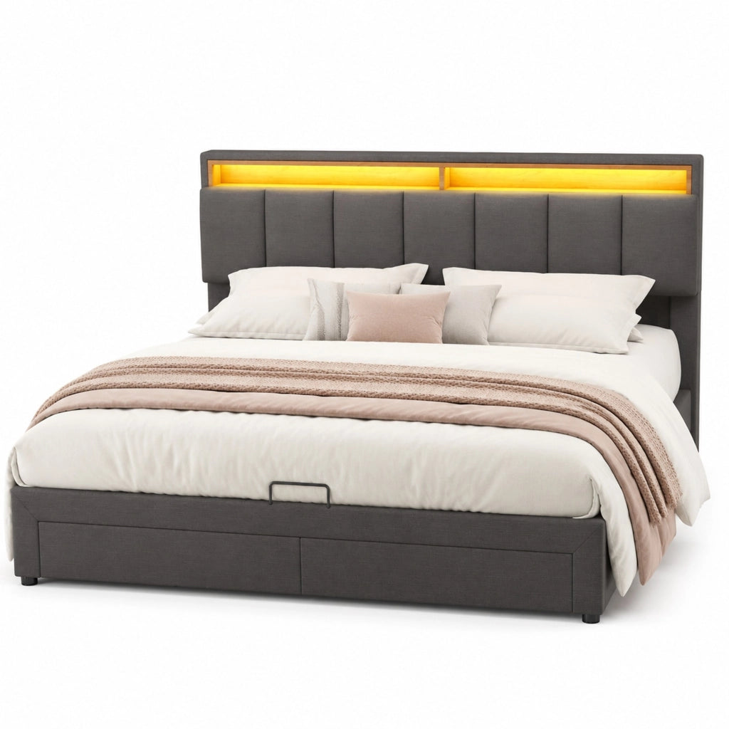Letto imbottito 160x200 cm grigio scuro con LED, rete a doghe e contenitore sottoletto