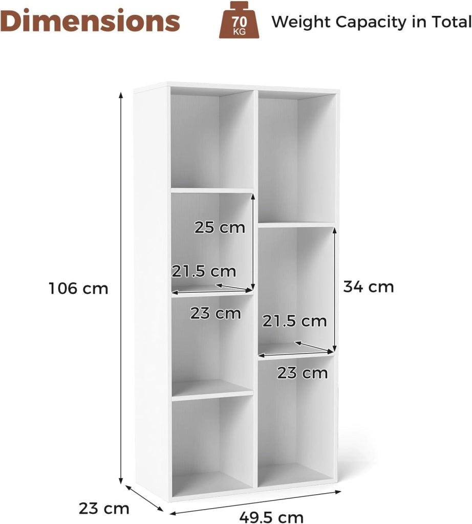 Libreria Verticale con 8 Cubi, Mobile Contenitore in Legno, con 2 Dispositivi Antiribaltamento, Libreria Scaffale per Soggiorno, Camera da Letto, Ufficio, 49,5 x 23 x 106 cm (Bianco)