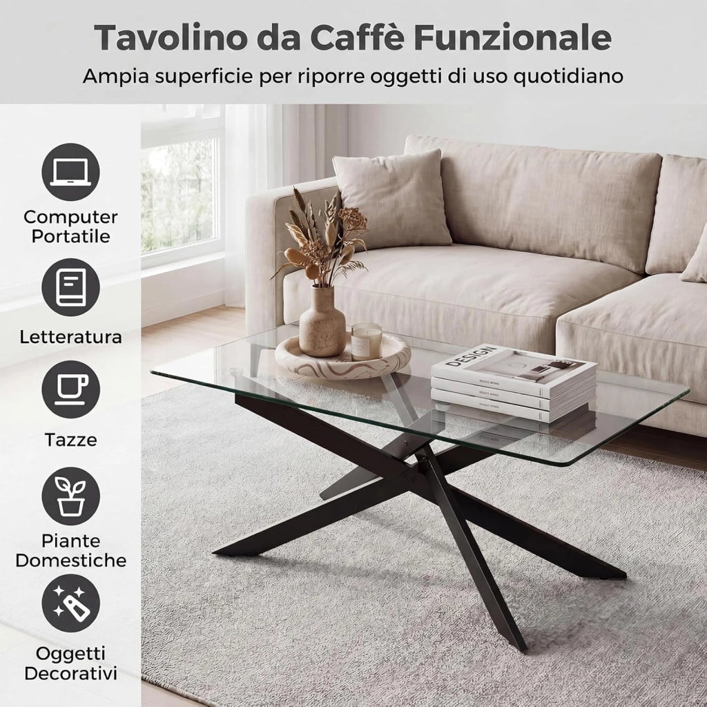 Tavolino da Salotto con Piano in Vetro Temperato, Gambe Incrociate e Piedini Regolabili, Tavolo Basso in Stile Industriale per Soggiorno, Camera da Letto, Ufficio, 120 X 60 X 45,5 CM (Nero)
