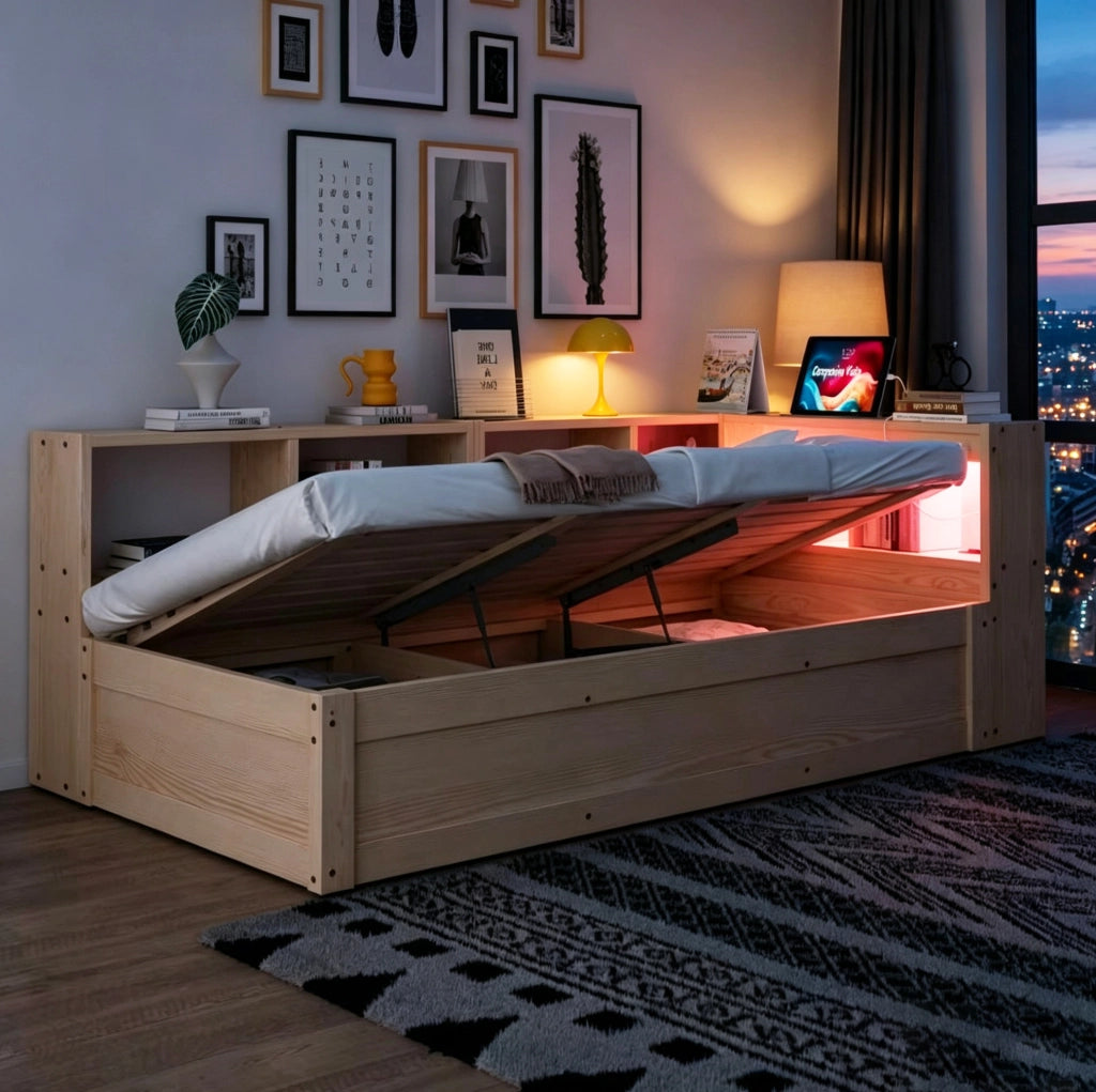 Letto multifunzione 90x200 cm in legno; compensato e MDF con LED; presa e contenitore; naturale