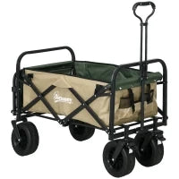 Carrello da Giardino 110L con Maniglia Telescopica e Fondo Apribile in Acciaio e Tessuto Oxford, Cachi