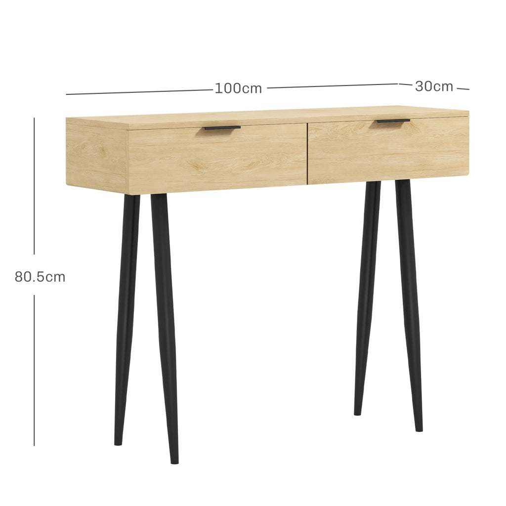 EasyComfort Consolle da Ingresso in Stile Nordico con 2 Cassetti in Legno e Acciaio, 100x30x80.5 cm, Rovere