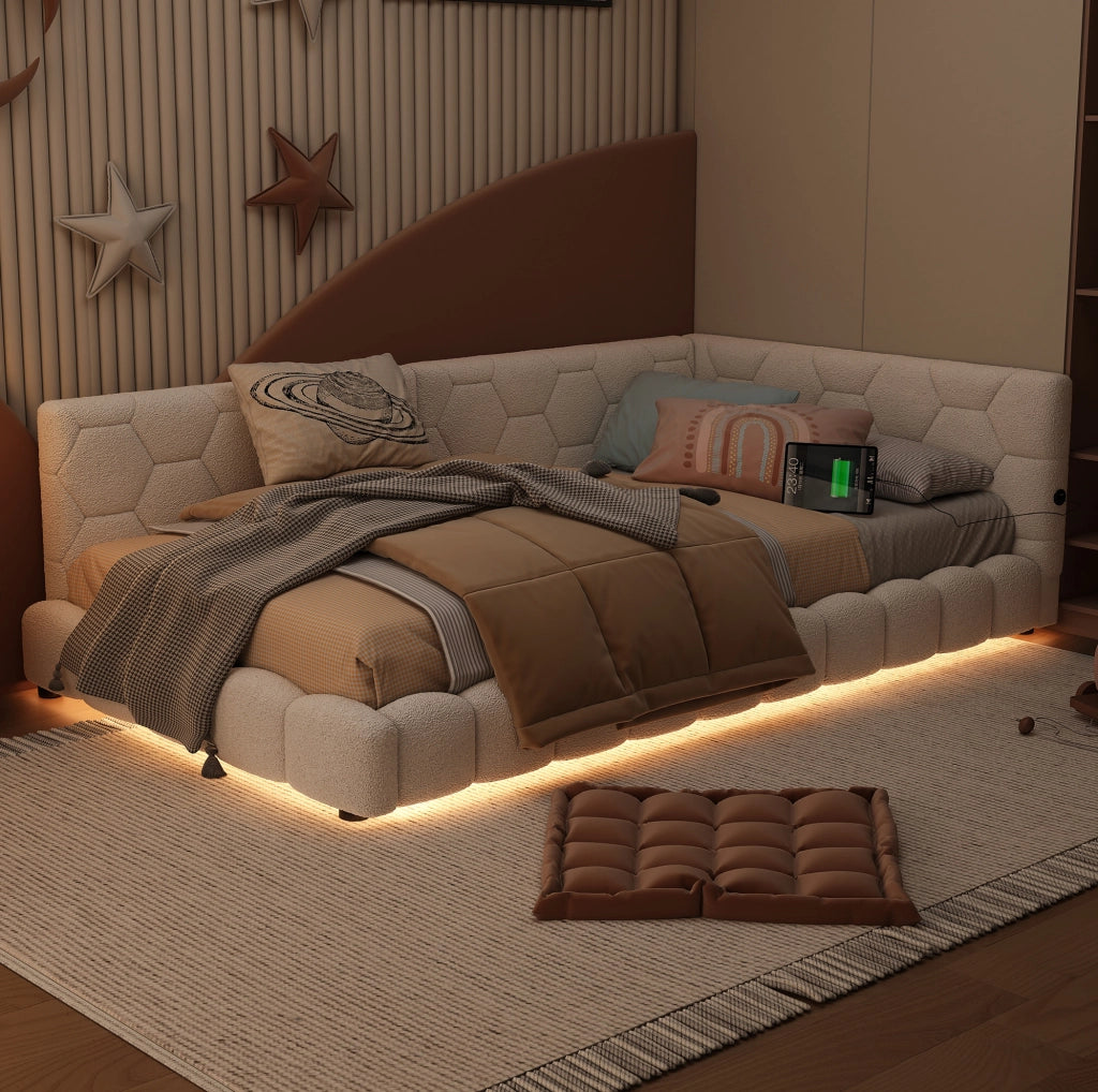 LETTO DAYBED 90x200 cm Bianco in Vliesimitat e MDF con LED, USB e Tipo-C